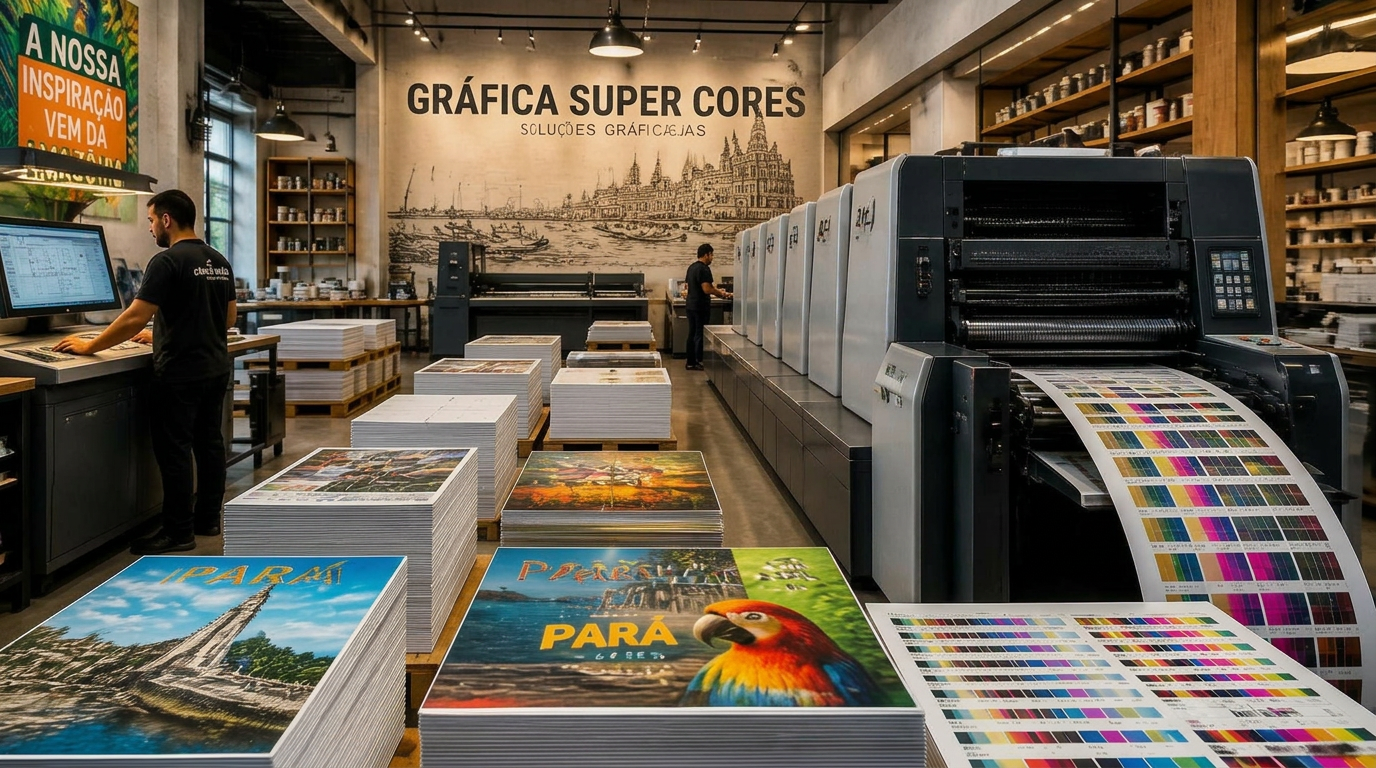 Materiais gráficos sendo impressos na Gráfica SuperCores